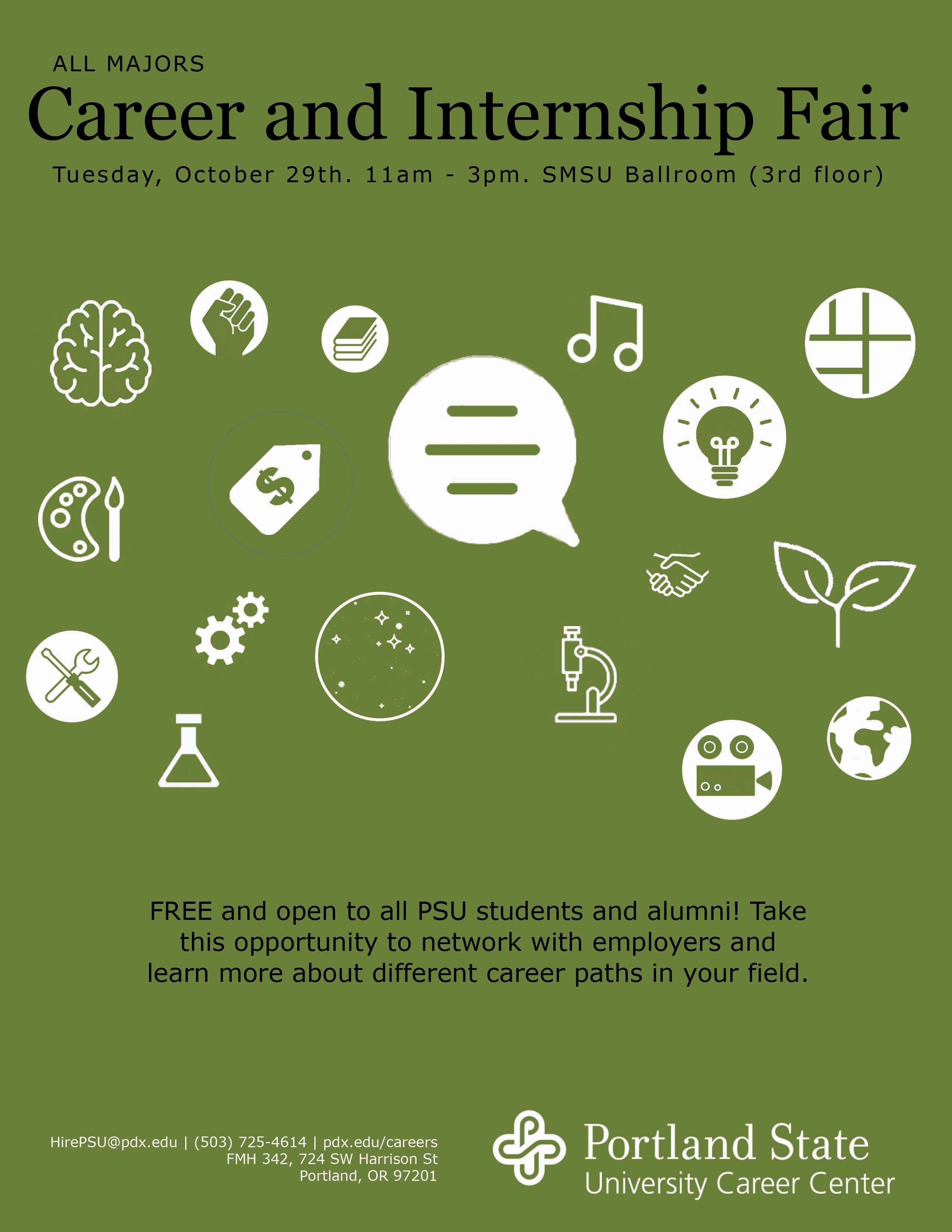 Design features simple icons to represent all majors such as a brain, musical notes, a sprouting plant, books, stars, camera, globe, etc.