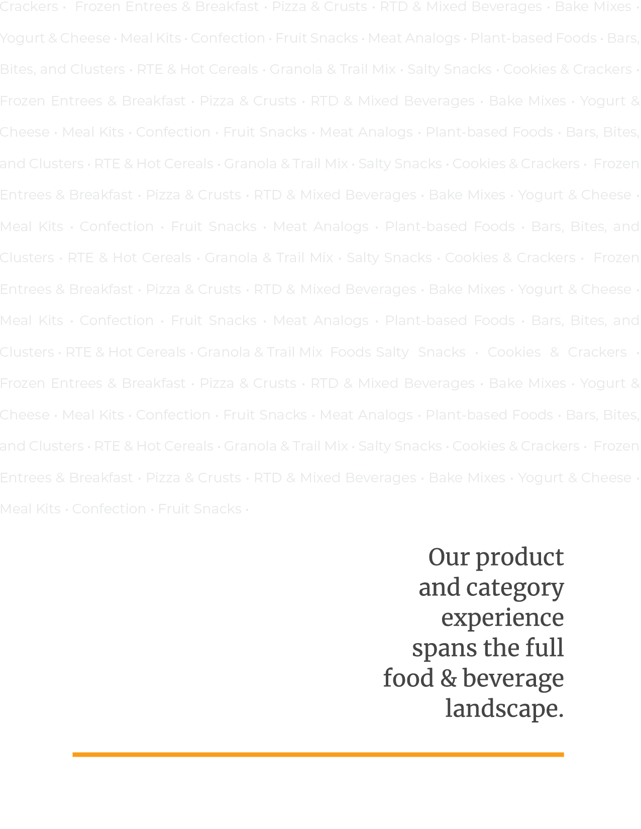 Page provides an expansive summary of products that JPG specializes in, with the quote "Our product and category experience spans the full food & beverage landscape."