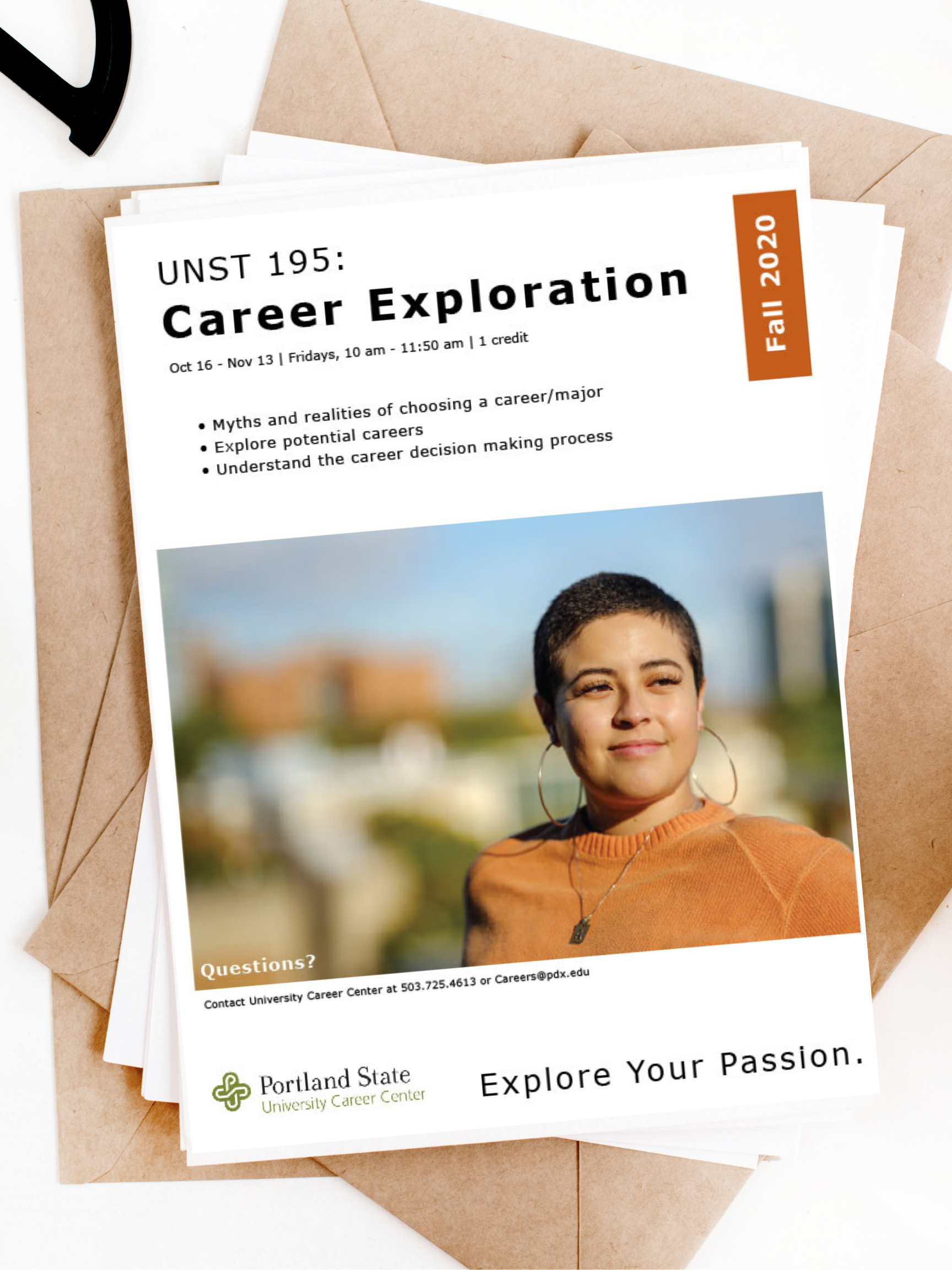 Flyer includes details about a class, Career Exploration, offered at PSU. A tagline reads "Explore your Passion"